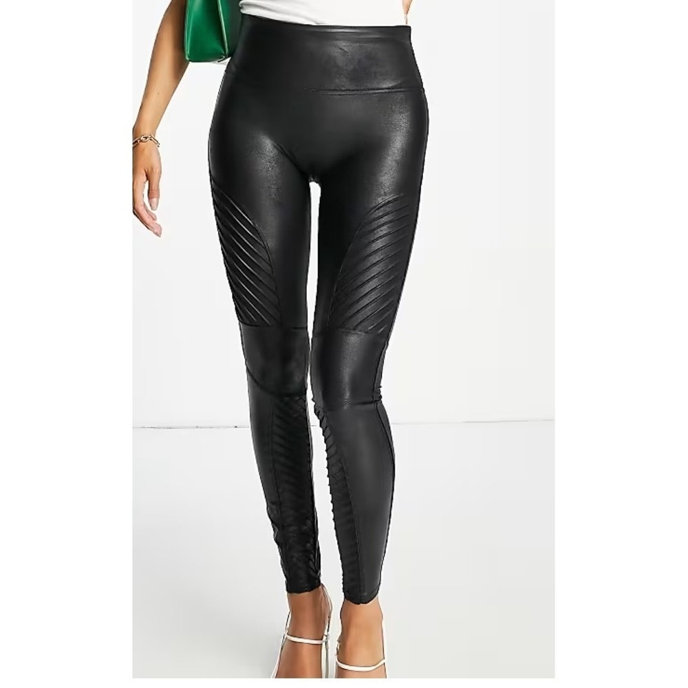 SPANX Black Faux Leather Moto Leggings Full Length Size Medium Nylon